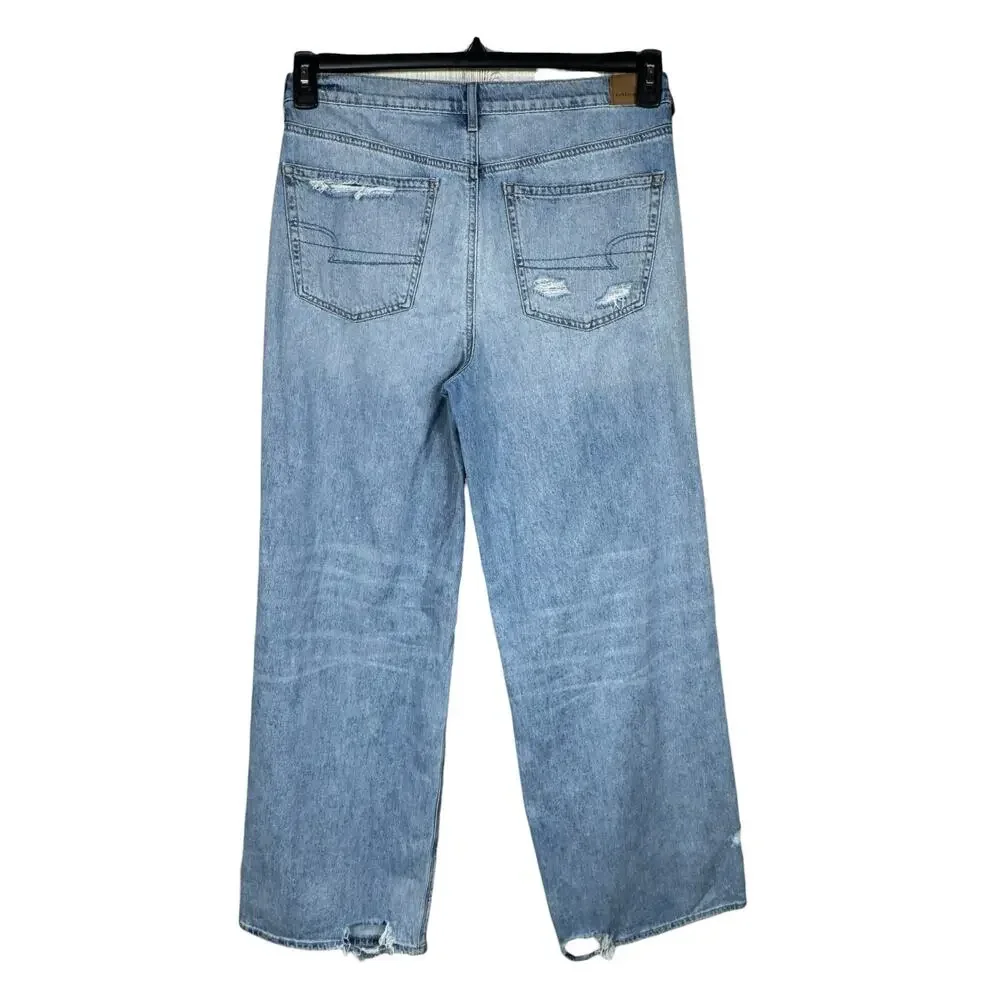 American Eagle SZ 10 Skater Jeans Wide-Leg Distressed Rips Zip-Fly Hi-Rise Blue - Picture 5 of 12